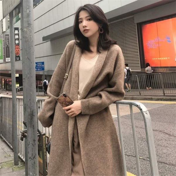 

women's wool & blends autumn 2021 long style with knitted cardigan lazy large solid color sweater coat, Black