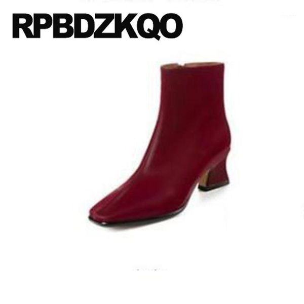 

block chunky autumn shoes red women ankle boots medium heel plus size big 10 fall booties elegant square toe satin1, Black