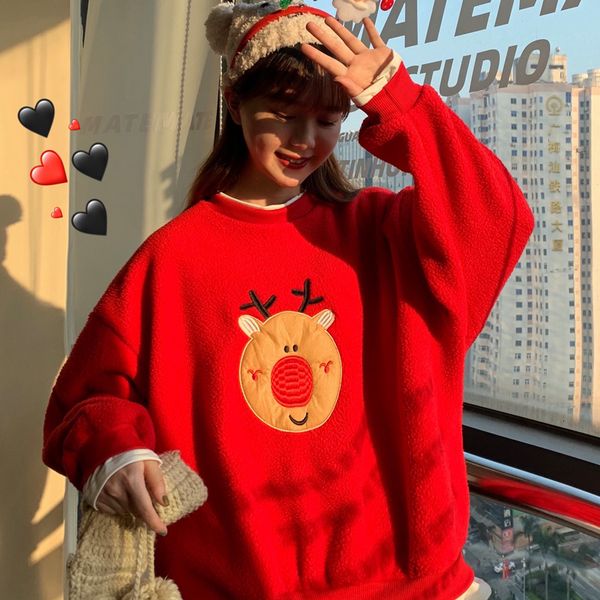 

women's 2021 new christmas shirt loose student bf lazy wind plus velvet thick fleece jacket 1 mhao, Black