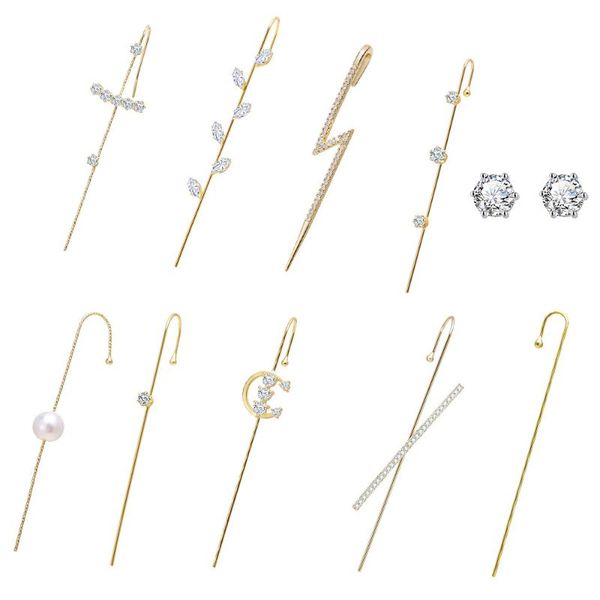 

stud retro ear style unique crystal zirconia geometric hook alloy cross imitation pearl cuff earrings ladies fashion wedding jewelry, Golden;silver