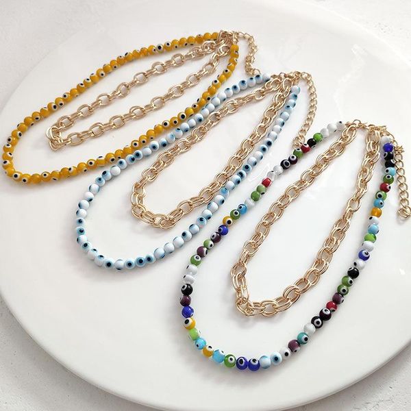 

chains flatfoosie fashion handmade beaded eyes chokers necklaces for women multilayer link chain pendant necklace statement jewelry, Silver
