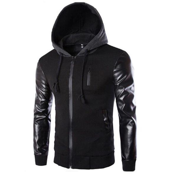 

new men hooded jacket and coat autumn casual pu leather sleeve slim outerwear coat men zipper hoody sportswear, Black