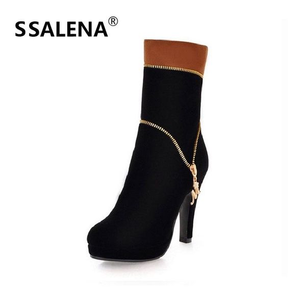 

women high heels boots zipper elegant short boots women casual round toe thin heel winter platform short boot b2655, Black
