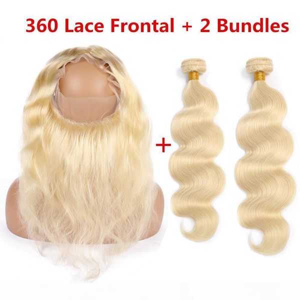 

#613 blonde peruvian body wave human hair weaves 2bundles and 360 closure bleach blonde 360 lace frontal pre plucked with bundles 613 weaves, Black;brown