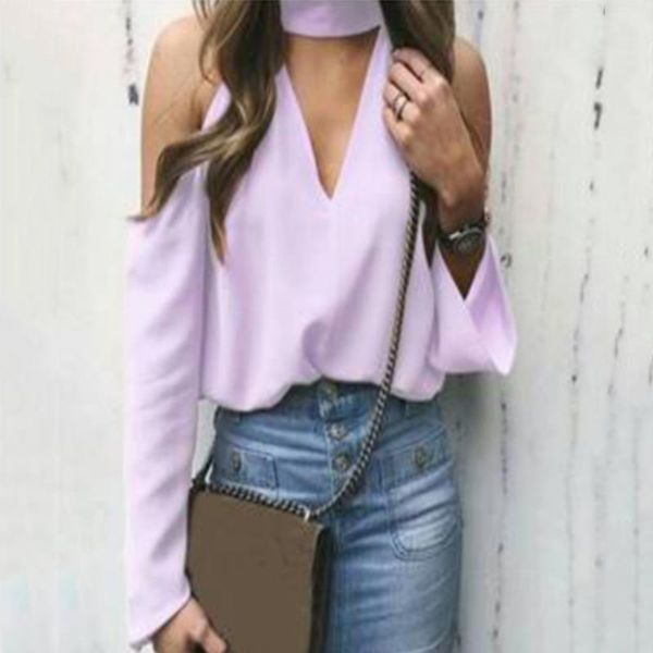 

new womens shirt summer deep v cold shoulder blouse style long sleeved casual plus size stand shirt ws9110u, White