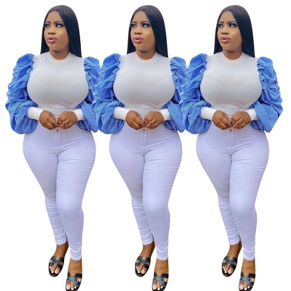 

womens designer luxury tshirt autumn lantern sleeve blue and white panelled tees fashion casual ladies