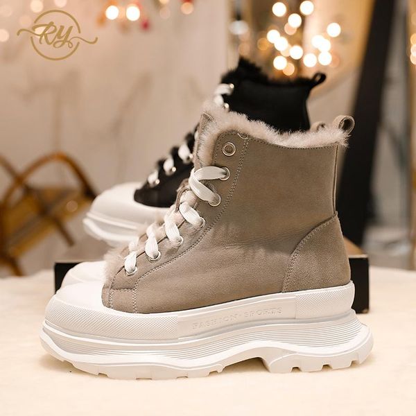 

ry-relaa europe station genuine leather women's shoes 2020 fashion new sheepskin wool integration ins winter cotton shoes tide, Black
