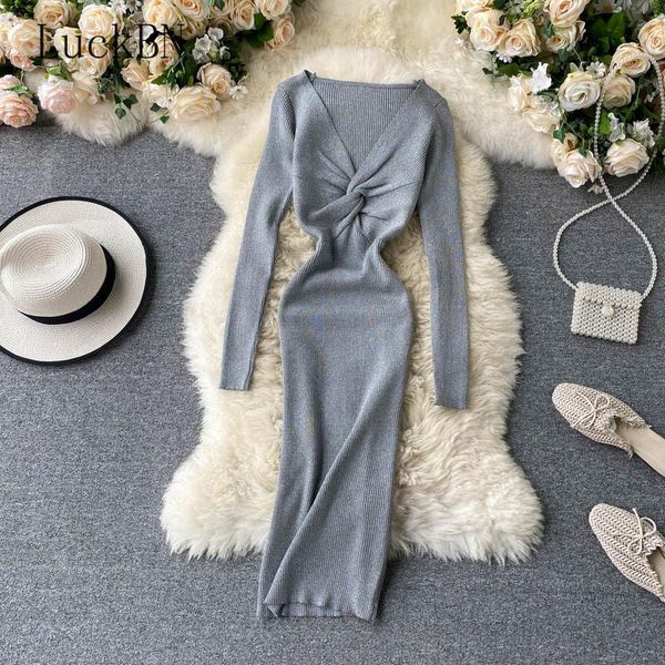 

women midi long autumn knitting dress solid bodycon sweater dress winter fashion streetwear elastic knit robe woman, Black;gray