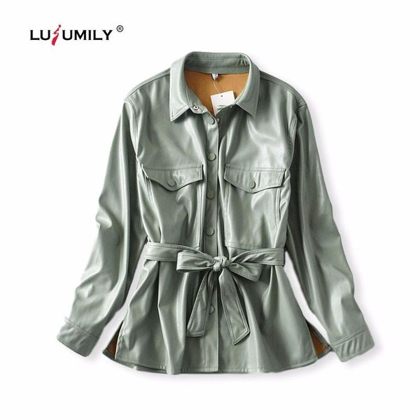 

women's leather & faux lusumily motorcycle women jacket shirt personality metal single buttons green pu casual long sleeve blouse, Black
