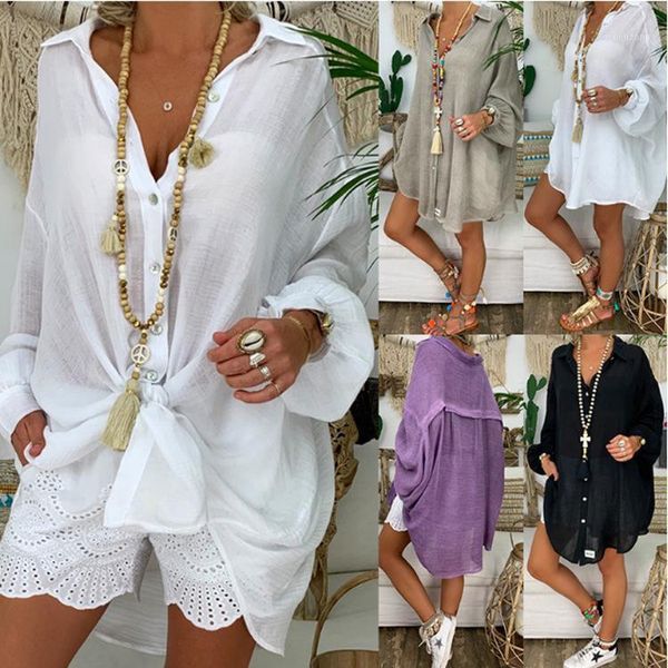 

women summer autumn long-sleeve v neck oversized blouse plain button down bohemian holiday beachcover bikini cover up1, White