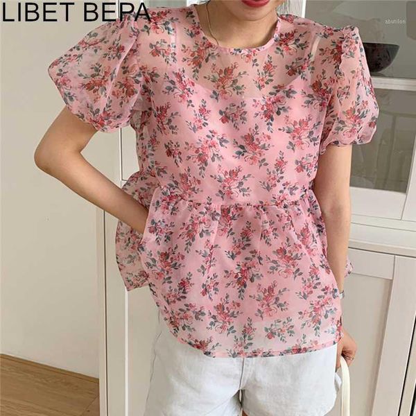 

women's blouses & shirts 2021 summer women with vest casual puff sleeve shirt floral print wild fashionable organza vintage pink bl518, White