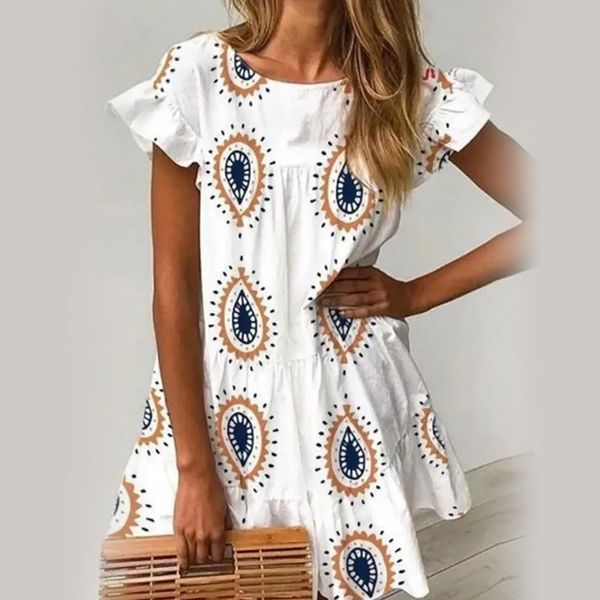 

summer 2020 simple elegant fashion women ruffled short sleeve water drops print party mini a line loose casual, Black;gray
