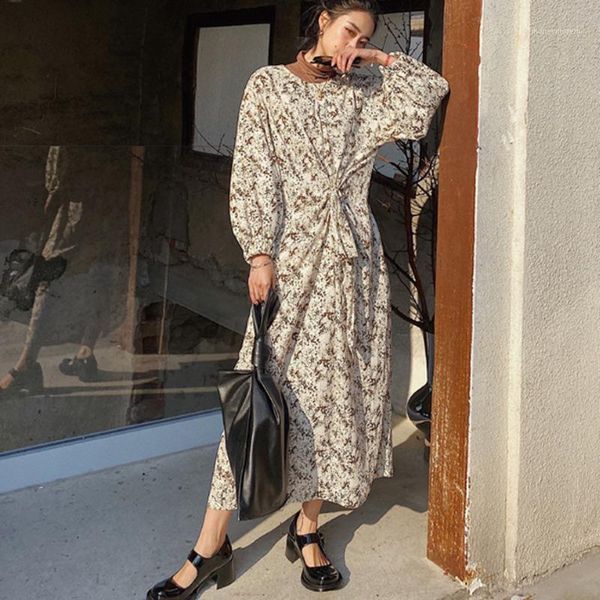 

casual dresses [ewq] 2021 spring vintage women plus size chiffon dress floral printted o neck ruched elastic bust lantern sleeve dresses1, Black;gray