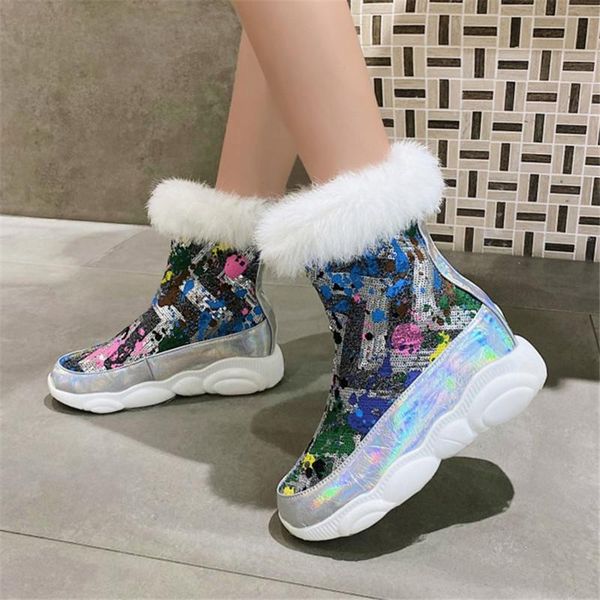 

large size 34-45 fur winter warm ankle boots women flat platform shoes black silver soft casual comfort boots zip