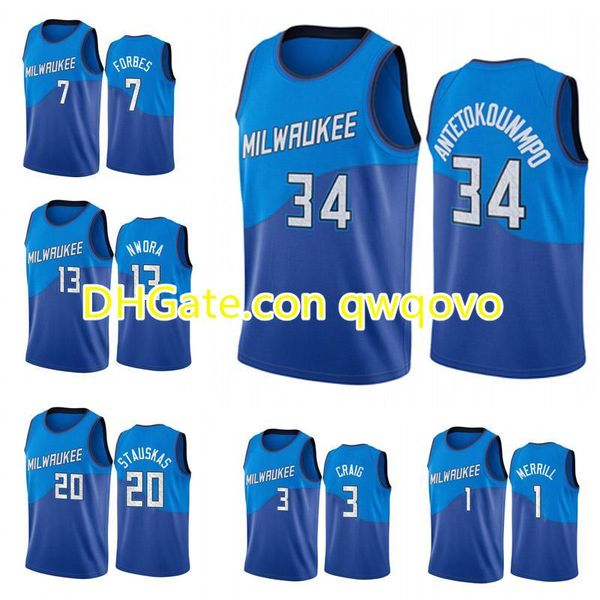 

2021 men giannis 34 antetokounmpo 1 merrill 3 craig 7 forbes 13 nwora 20 stauskas basketball jersey, Black;red