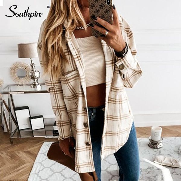 

southpire women's long sleeve plaid blouse shirt turn-down collar fashion ladies casual blouses simple loose clothing 20201, White