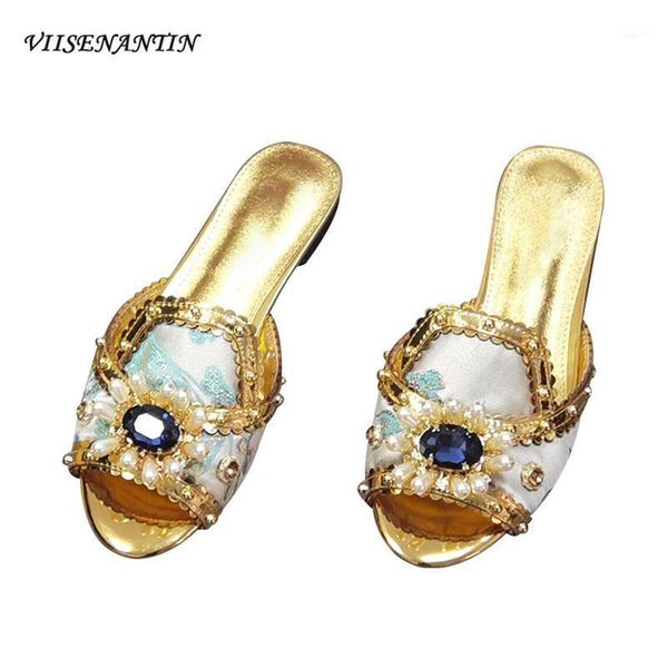 

slippers women retro sandals gems decor flower print shoes lazy one-footed casual flat beach 2021 test mules shoe1, Black