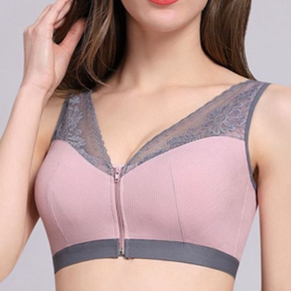 

beauty back gather sports sleep underwear without rims full cup front buckle zipper lace zero pressure bra 201202, Red;black