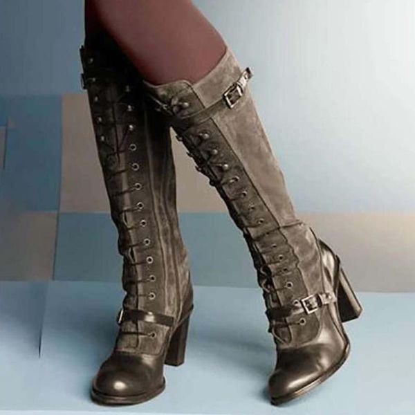 

boots sorphio retro ladies arrival autumn women shoes buckle high heels round toe lace up mid calf, Black