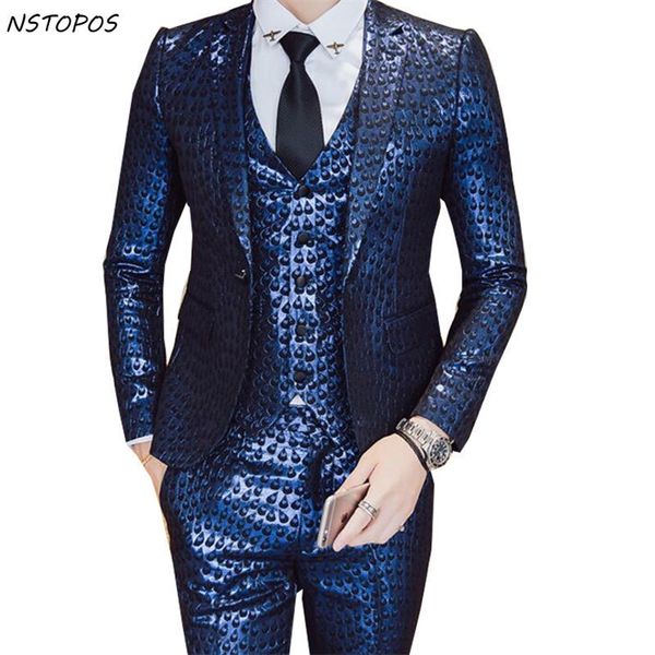 Luxus Barock Anzug Gold Blau Smoking Jacke + Weste + Hose Rauchen Homme Kostüm Mariage Homme Party Hochzeit Bühne Kleidung 3XL 201106