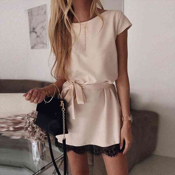 

women dress summer short sleeve o-neck casual loose dress with belt female street lace patchwork, Black;gray