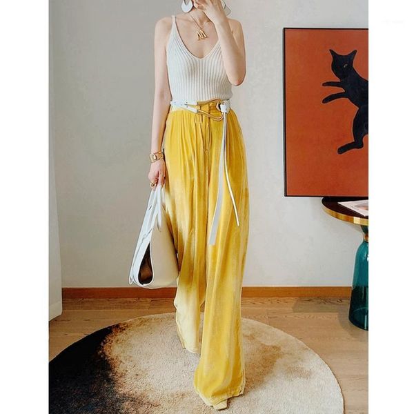 

silk autumn tartrazine high waist wide leg pants velvet straight trousers women pants1, Black;white