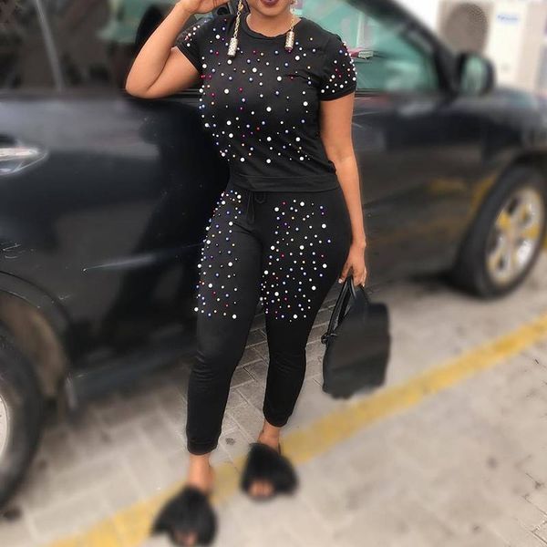 

pearl beading black tracksuits women two piece set 2020 street t-shirt and jogger set suits casual bodcon 2pcs outfits1, Gray