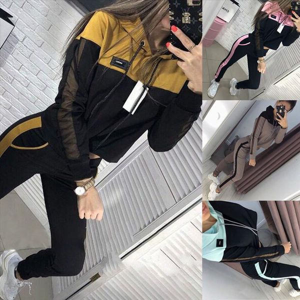 

women sporting suit fashion patchwork tracksuit hooded cotton casual sportwear track suits pant twinset 2 piece set 8m3, Gray