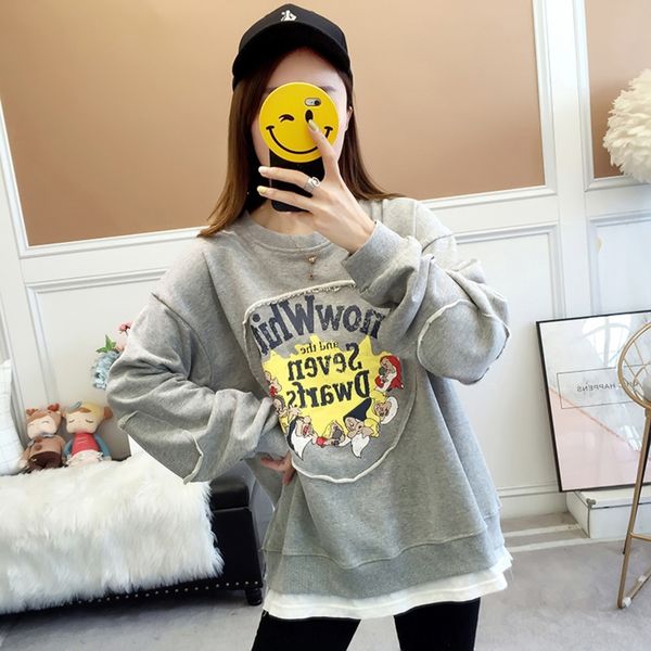 

tjuxj long sweater print large coat long sleeve and loose versatile cartoon tzf sweater splicing korean autumn girlsmiddle school 2 z, Black