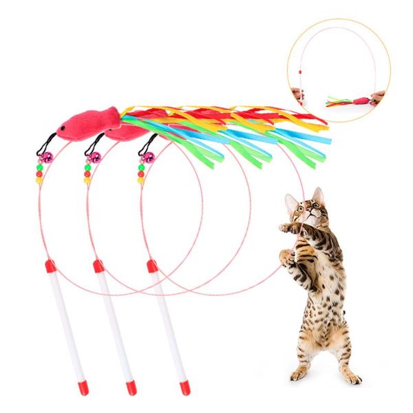 

cat toys funny / kitten pet teaser fish ribbon wire chaser toy wand beads play high quality