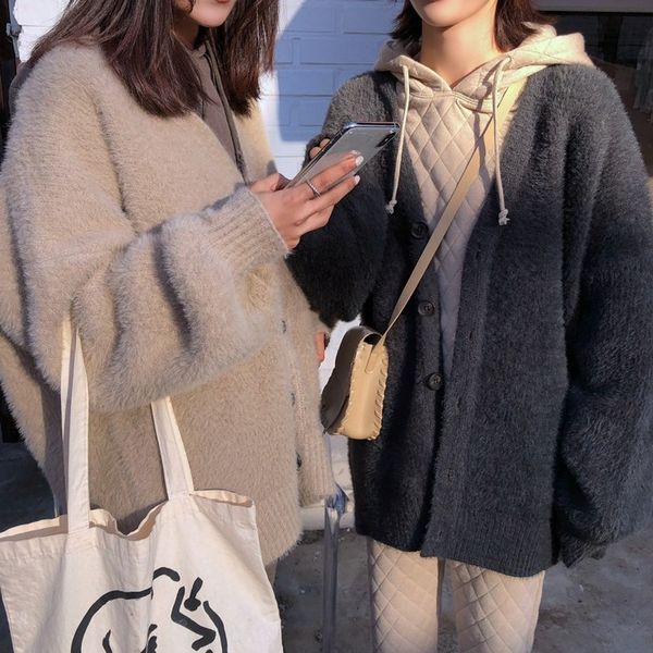 

knitted cardigan women's new sweater sweaterfall 2020 korean lazy style mink like mid length loose v-neck sweater for women nn8vy, White;black