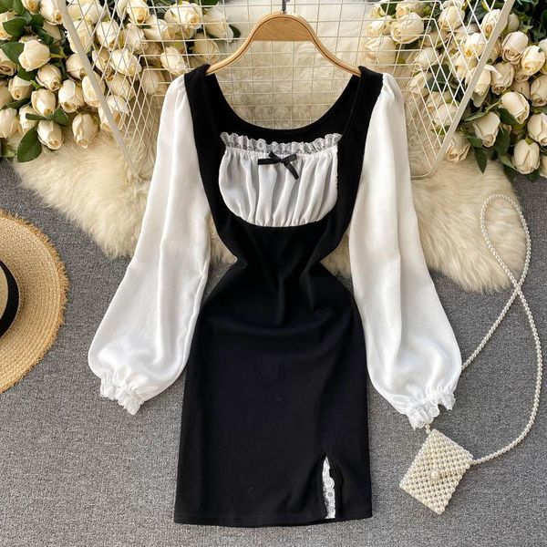 

lady 2021 new fashion autumn winter lace square collar contrast stitching long sleeve slim dress vintage elegant vestidos q537, Black;gray