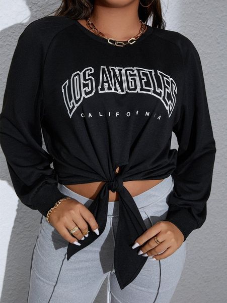 

plus letter graphic raglan sleeve knot hem crop sweatshirt 17sa#, Black
