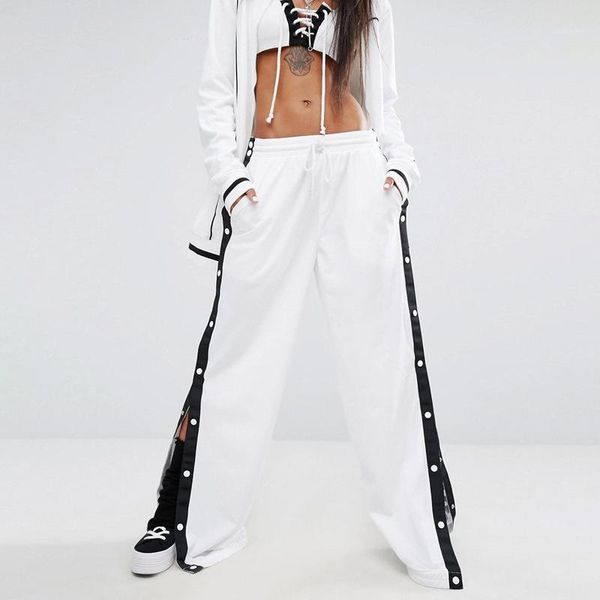 

promotion elastic waist europe and america 2020 spring comfortable loose new side buckle wide leg casual pants1, Black;white