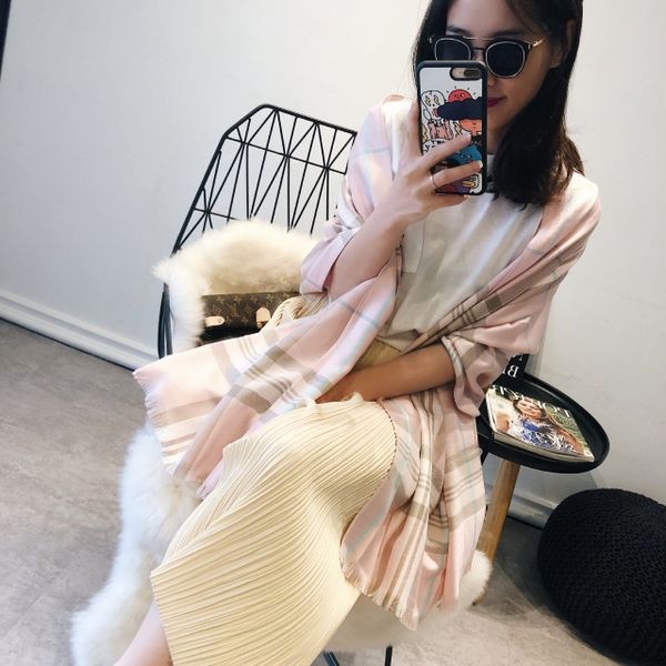 

new autumn winter blanket scarf women pashmina cashmere scarf double sided stripe plaid scarves knitted warm long shawl wraps quality, Blue;gray