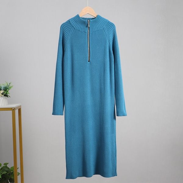 

2021 new zipper long knit women straight maxi autumn winter thick warm female sweater dress rib turtleneck pullover dresses m7yi, Black;gray