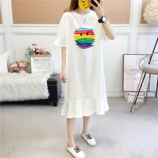 

#0694 summer cotton plus size t shirt dress women short sleeves smile printed spliced ruffles midi dress for women short sleeve1, Black;gray