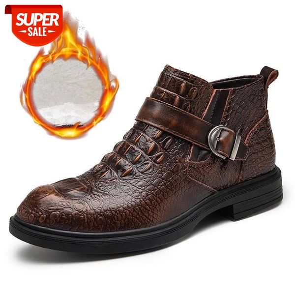 

leather business men's boots autumn winter warm fur snow boots crocodile pattern men ankle men's shoes 47 #g21n