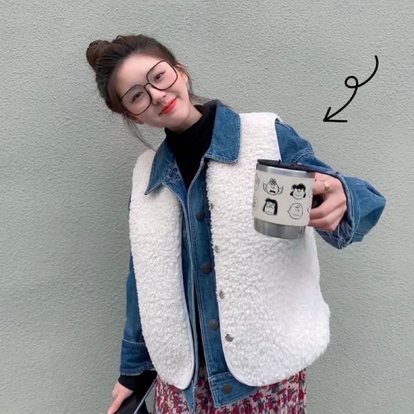 

white lamb wool vest loose 1027, Black;white