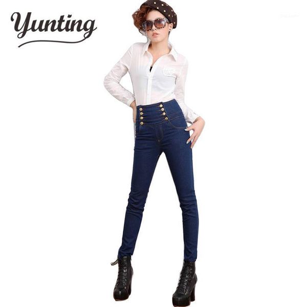 

2021 fashion women high waist skinny jeans women double breasted high elastic slim pencil pants size s-xl1, Blue