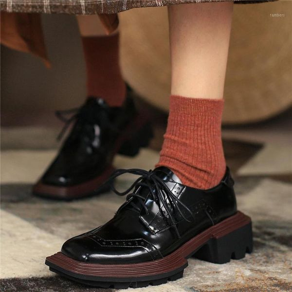 

lace up office booties women genuine leather chunky heels ankle boots female low round toe platform pumps shoes casual shoes1, Black