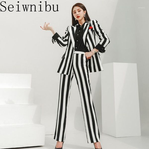 

striped seiwnibu double breasted work pant suits women blazer jacket and slim pencil pant 2 pieces sets female outfits1, White