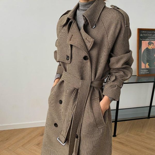 

women's trench coats korean style ladies coat plaid long double breasted belted oversize loose women duster outerwear with storm flaps, Tan;black