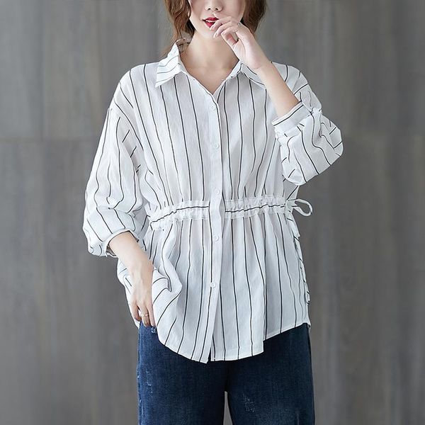 

fashion korean striped shirts long sleeved loose casual blusas designer drawstring waist slim women blouses chemise femme 2021, White