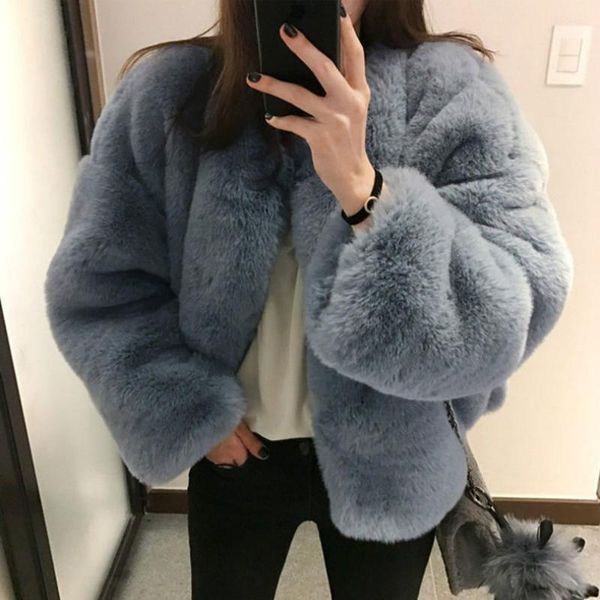 

2021 new autumn winter women faux fur coats fashionable slim o-neck jackets ladies natural color pink yellow full outerwear b1181, Black