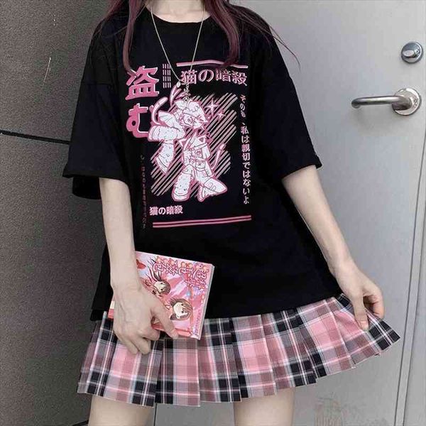 

e girls kawaii harajuku plaid t shirt women cute pink black high waist pleated t-shirt summer gothic streetwear japanese style