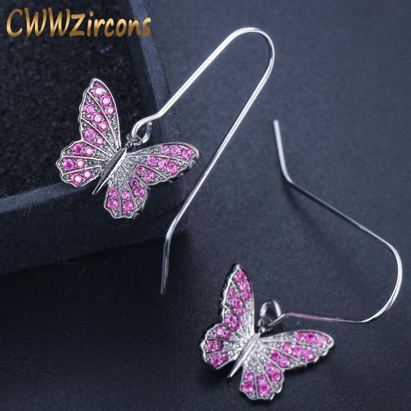 

hoop & huggie cwwzircons brand fashion ladies jewelry red cubic zirconia stones long black butterfly shape earrings for women cz391, Golden;silver