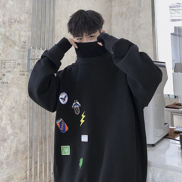 

hip hop trend loose big fat wear fake two pieces of sweater autumn winter men's thin clothes, Black