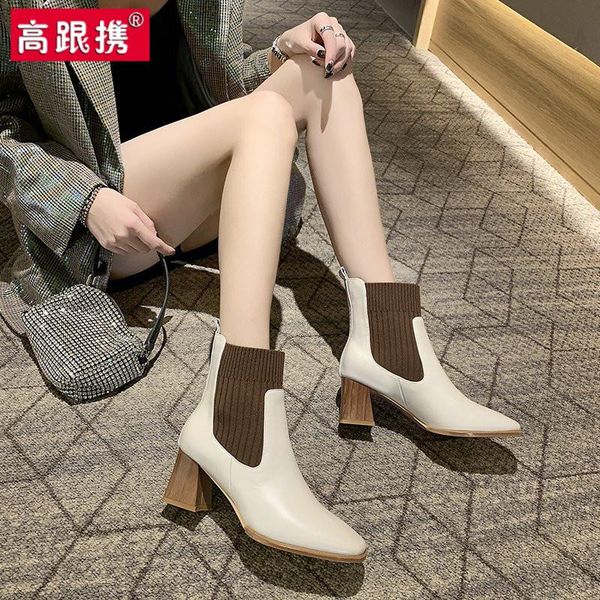 

shoes round toe lady boots boots-women zipper winter footwear 2021 leather rock ankle autumn rubber high heel stockings rome pu, Black