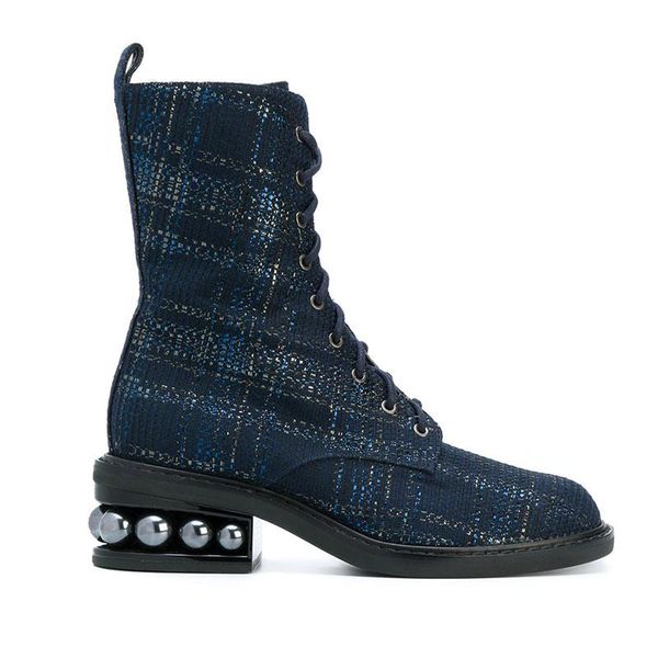 

pearl decor womens winter ankle boots block heel weave plaid genuine leather lace up shoes warm winter 2colors luxury, Black